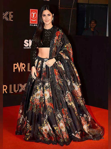 Sabyasachi Black Floral Organza Party Wear Lehenga With Sequins Choli